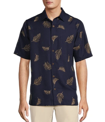Caribbean Relaxed Fit Leaf Embroidered Short Sleeve Woven Shirt