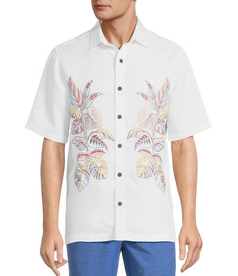 Caribbean Relaxed Fit Leaf Panel Embroidery Short Sleeve Woven Shirt