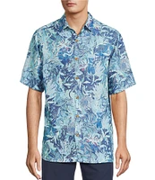 Caribbean Retro Coral Print Short Sleeve Woven Shirt