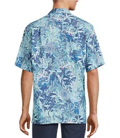 Caribbean Retro Coral Print Short Sleeve Woven Shirt