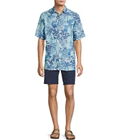 Caribbean Retro Coral Print Short Sleeve Woven Shirt