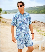 Caribbean Retro Coral Print Short Sleeve Woven Shirt