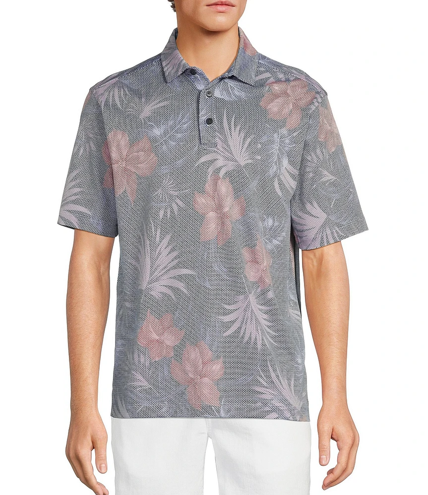 Caribbean Retro Palm Floral Jacquard Short Sleeve Polo Shirt