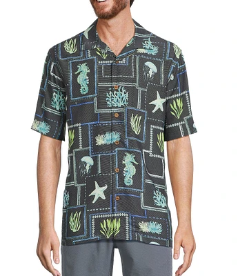 Caribbean Sea Life Tile Print Short Sleeve Woven Camp Shirt