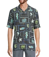 Caribbean Sea Life Tile Print Short Sleeve Woven Camp Shirt