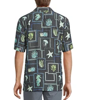 Caribbean Sea Life Tile Print Short Sleeve Woven Camp Shirt