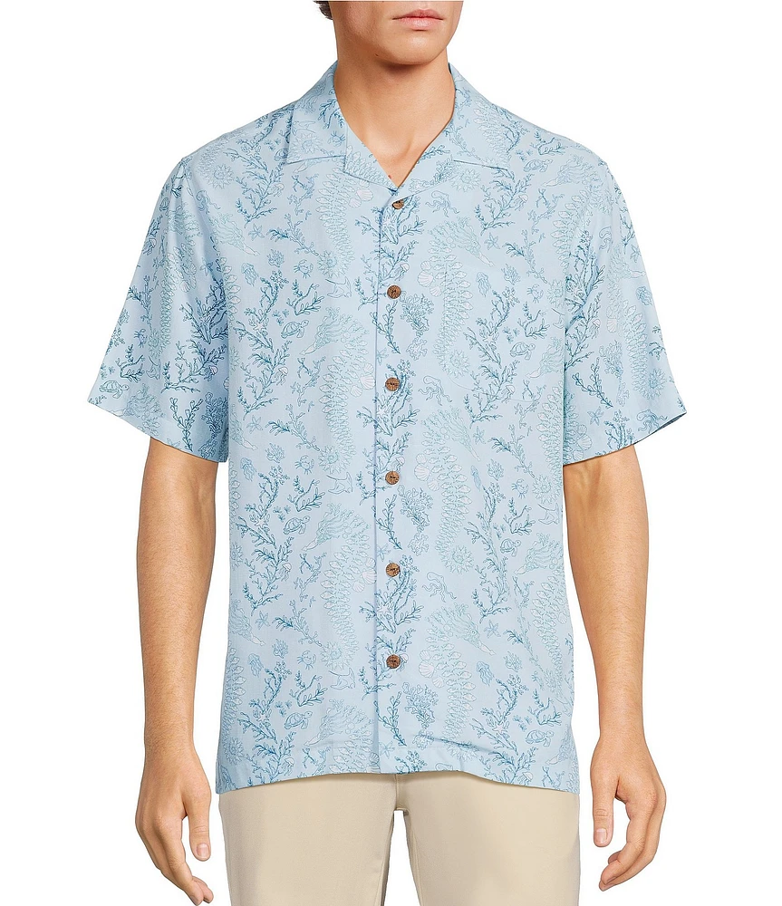 Caribbean Seahorse Print Short Sleeve Woven Camp Shirt