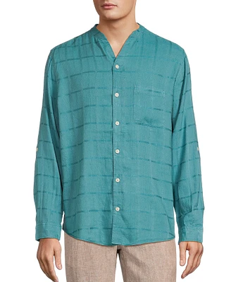 Caribbean Solid Linen Banded Collar Long Sleeve Woven Shirt