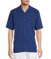 Caribbean Solid Pick Stitch Short Sleeve Woven Camp Shirt