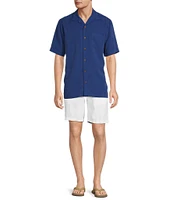 Caribbean Solid Pick Stitch Short Sleeve Woven Camp Shirt