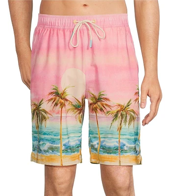 Caribbean Watercolor Sunset 9#double; Inseam Swim Trunks