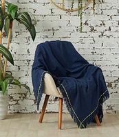 carol & frank Cheryl Dobby Weave Pick Stitch Border Indigo Throw Blanket