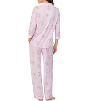 Carole Hochman 3/4 Sleeve Notch Collar Floral Jersey Button Front Long Pajama Set