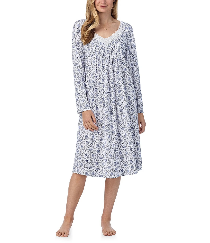 Carole Hochman Floral Print Long Sleeve V-Neck Jersey Knit Waltz Gown