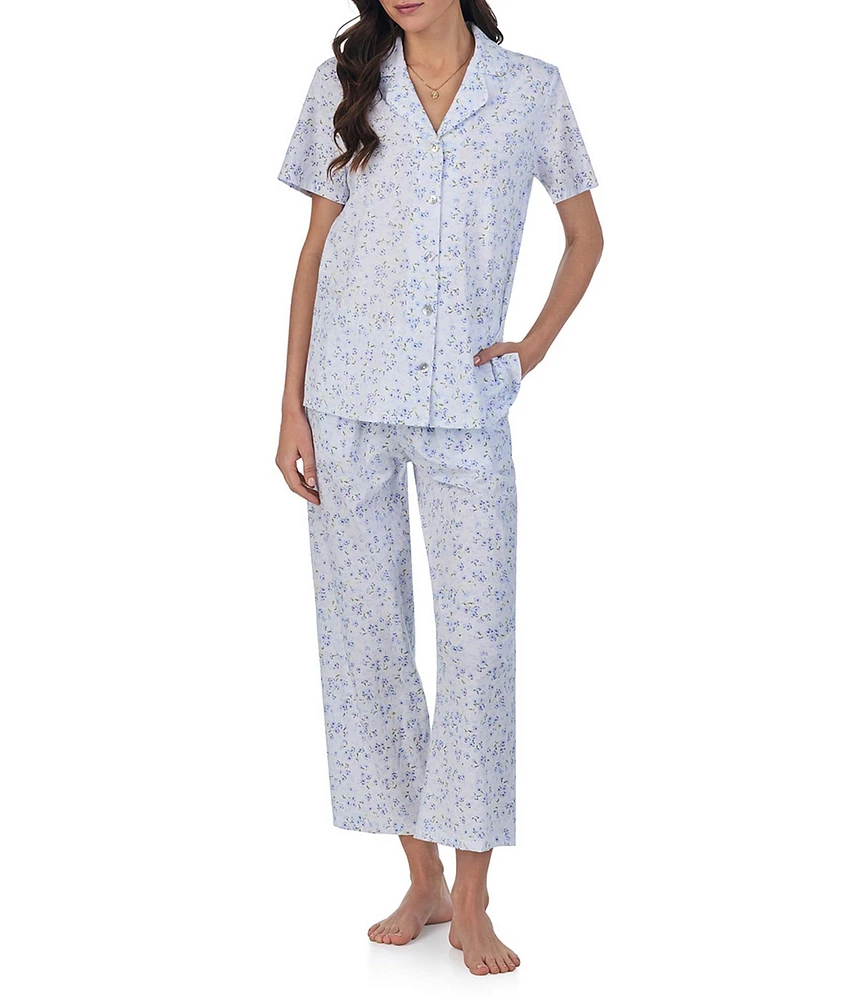 Carole Hochman Floral Print Short Sleeve Notch Collar Jersey Knit Capri Pajama Set