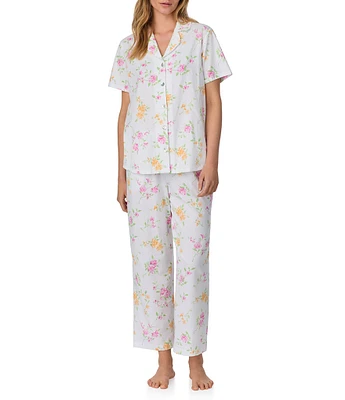 Carole Hochman Floral Print Short Sleeve Notch Collar Jersey Knit Cotton Capri Pajama Set