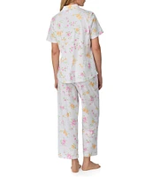 Carole Hochman Floral Print Short Sleeve Notch Collar Jersey Knit Cotton Capri Pajama Set