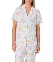 Carole Hochman Floral Print Short Sleeve Notch Collar Jersey Knit Cotton Capri Pajama Set