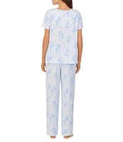 Carole Hochman Floral Print Short Sleeve Round Ruffle Neck Cotton Jersey Pant Pajama Set