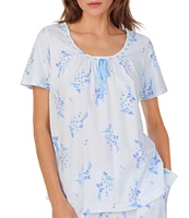 Carole Hochman Floral Print Short Sleeve Round Ruffle Neck Cotton Jersey Pant Pajama Set