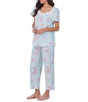 Carole Hochman Floral Rose Print Short Sleeve Sweetheart Neck Cotton Jersey Knit Pajama Set