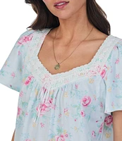 Carole Hochman Floral Rose Print Short Sleeve Sweetheart Neck Cotton Jersey Knit Pajama Set