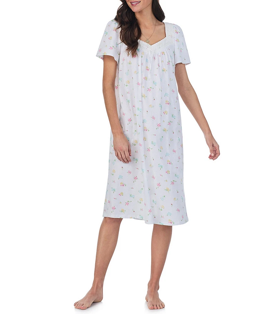 Carole Hochman Floral Print Short Sleeve Sweetheart Neck Jersey Knit Waltz Nightgown