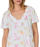 Carole Hochman Floral Print Short Sleeve V-Neck Jersey Knit Cotton Waltz Nightgown
