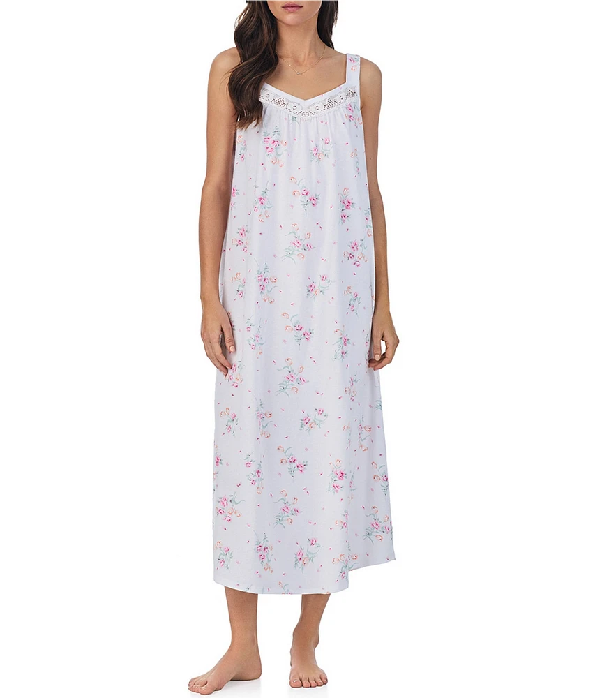 Carole Hochman Floral Print Sleeveless Lace Sweetheart Neck Cotton Jersey Knit Midi Ballet Nightgown