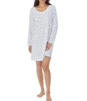 Carole Hochman Knit Diamond Print Long Sleeve Round Neck Short Nightgown