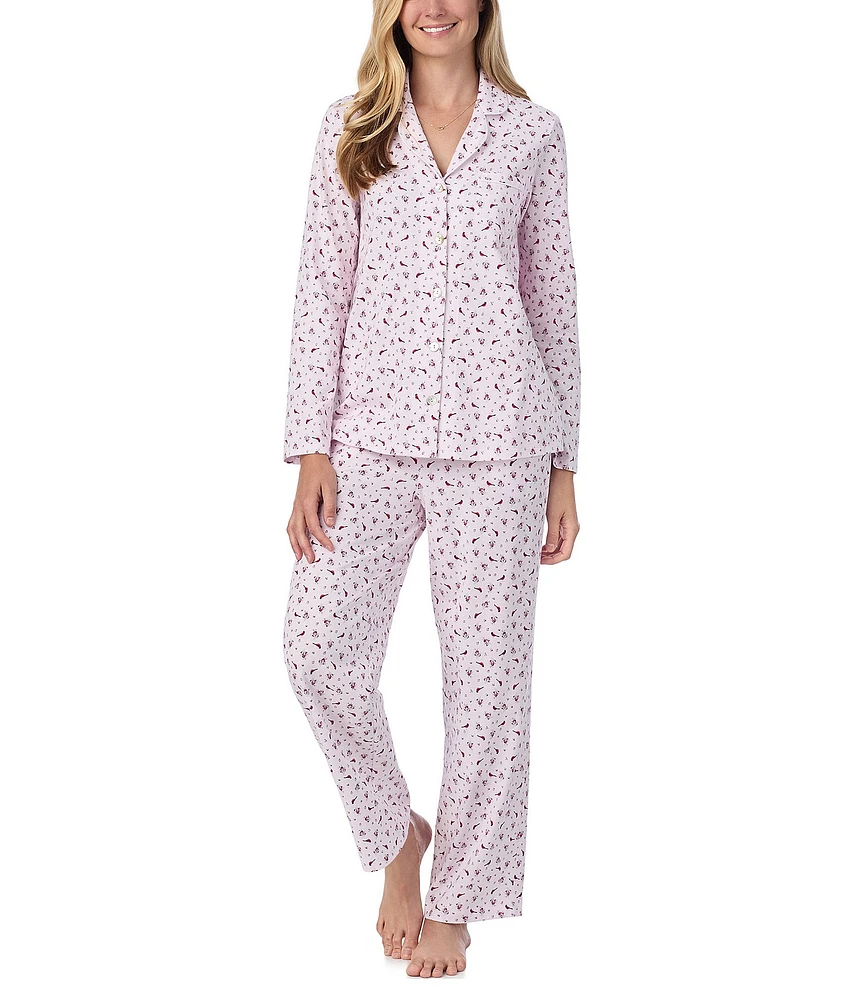 Carole Hochman Long Sleeve Notch Collar Cotton Jersey Knit Cardinal Floral Print Holiday Pajama Set