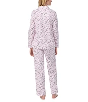 Carole Hochman Long Sleeve Notch Collar Cotton Jersey Knit Cardinal Floral Print Holiday Pajama Set