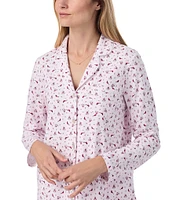 Carole Hochman Long Sleeve Notch Collar Cotton Jersey Knit Cardinal Floral Print Holiday Pajama Set