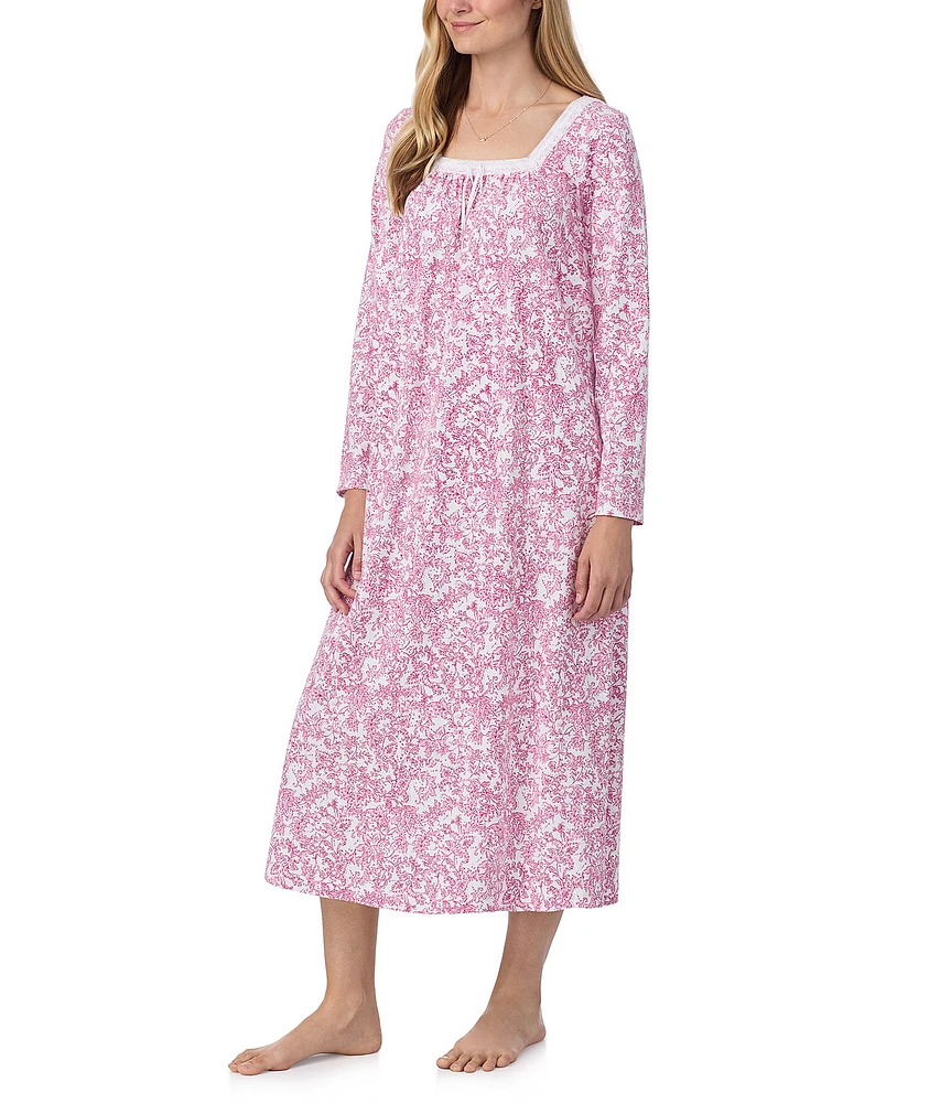 Carole Hochman Long Sleeve Square Neck Jersey Knit Floral Print Ballet Nightgown