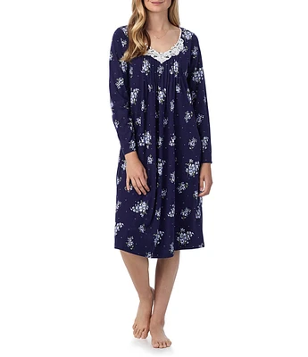 Carole Hochman Navy Floral Print Long Sleeve V-Neck Jersey Knit Waltz Nightgown