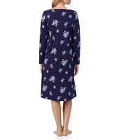 Carole Hochman Navy Floral Print Long Sleeve V-Neck Jersey Knit Waltz Nightgown