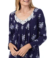 Carole Hochman Navy Floral Print Long Sleeve V-Neck Jersey Knit Waltz Nightgown