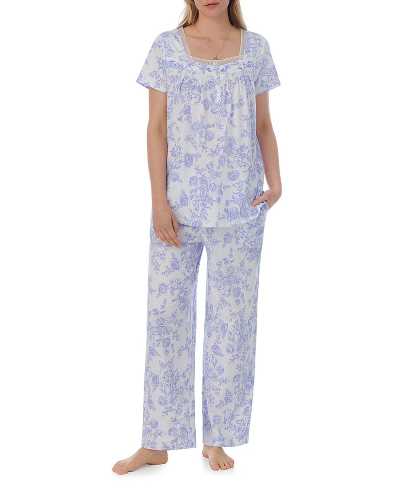 Carole Hochman Petite Size Floral Short Sleeve Square Neck Cotton Pant Pajama Set