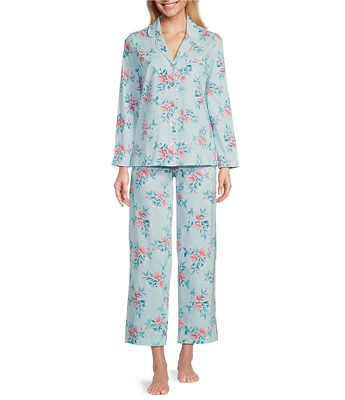 Carole Hochman Petite Size Long Sleeve Notch Collar Cotton Jersey Knit Floral Print Pajama Set