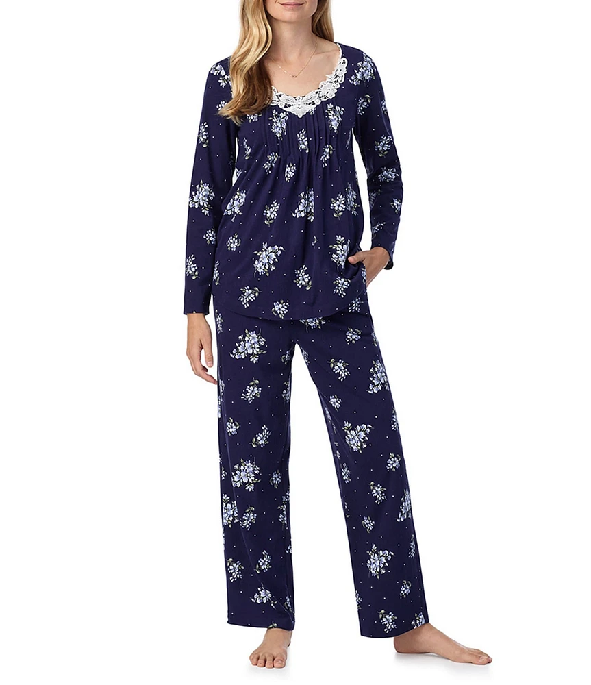 Carole Hochman Petite Size Navy Floral Print Long Sleeve V-Neck Cotton Jersey Pant Pajama Set