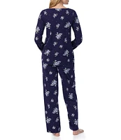 Carole Hochman Petite Size Navy Floral Print Long Sleeve V-Neck Cotton Jersey Pant Pajama Set