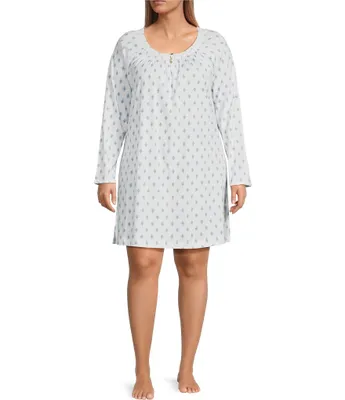 Carole Hochman Plus Size Knit Diamond Print Long Sleeve Round Neck Short Nightgown