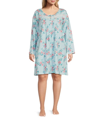 Carole Hochman Plus Size Long Sleeve Scoop Neck Floral Jersey Knit Short Nightgown