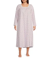 Carole Hochman Plus Size Long Sleeve Square Neck Jersey Knit Cardinal Floral Print Ballet Nightgown