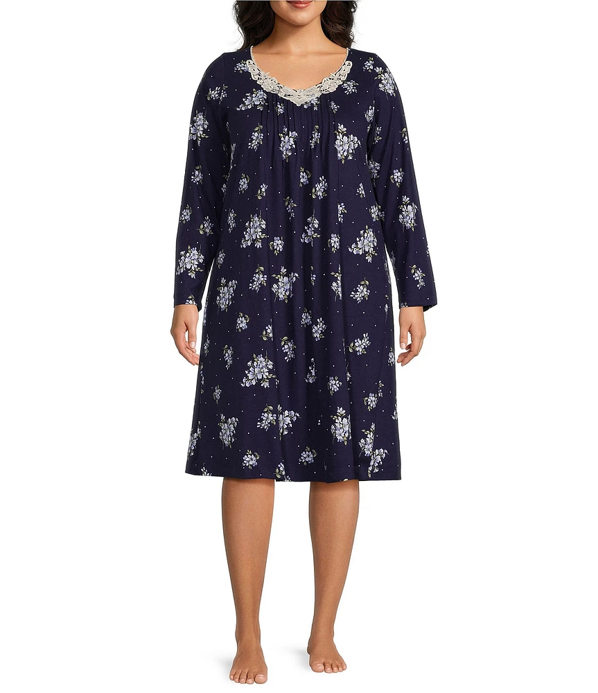 Carole Hochman Plus Size Navy Floral Print Long Sleeve V-Neck Jersey Knit Waltz Gown