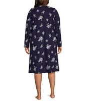 Carole Hochman Plus Size Navy Floral Print Long Sleeve V-Neck Jersey Knit Waltz Gown