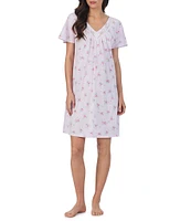 Carole Hochman Short Sleeve V-Neck Floral Jersey Knit Nightgown