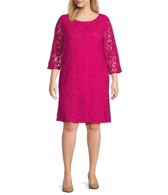 Caroline Plus Size Floral Lace Round Neck 3/4 Sleeve Bodice Lined Shift Dress
