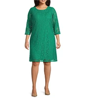 Caroline Plus Size Floral Lace Round Neck 3/4 Sleeve Bodice Lined Shift Dress