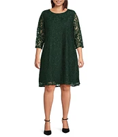 Caroline Plus Size Floral Lace Round Neck 3/4 Sleeve Bodice Lined Shift Dress